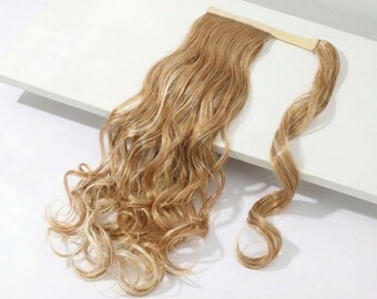 Highlighted Dark Blonde Wrap Around Ponytail Extension | Curled 18" Long Ponytail | Ponytail Extension Heat-Resistant Hairpiece
