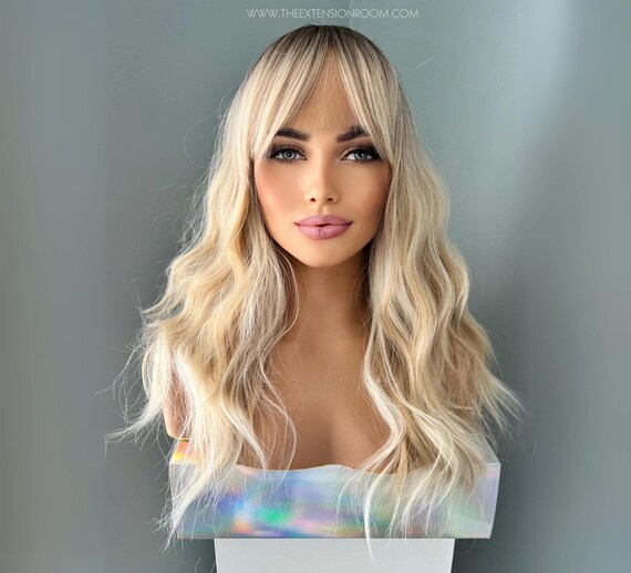 Golden Blonde Wavy Wig With Bangs | Rooted 18 Inch Layered  display picture 3