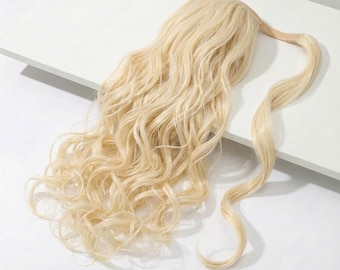 Blond omlott hästsvansförlängning | Lockig 40 cm lång hästsvans | Platinablond hästsvansförlängning | Värmebeständig peruk