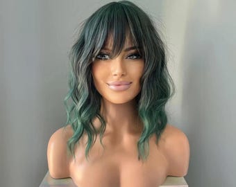 Long Green Ombre Wig With Bangs | Realistic Dark Roots 22  display picture 3