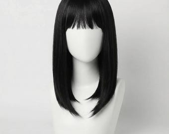 Peluca corta negra recta con flequillo, sintética, sin pegamento, de 16 pulgadas