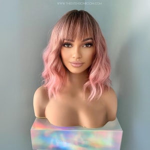 Short Baby Pink Wig with Bangs | 14 Inch Rooted Wavy Pastel Costume Wig | Layla