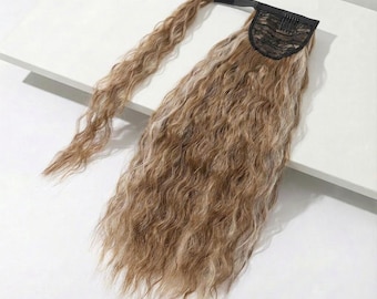 Highlighted Brown Wavy Wrap Around Ponytail Extension | 20" Long Ponytail Beach Wave Texture | Heat-Resistant Hairpiece