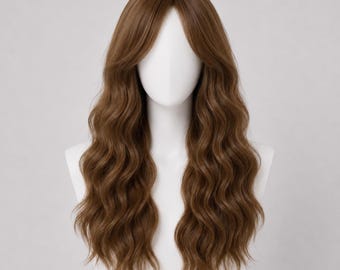 Long Brown Curly Wig with Curtain Bangs | 20 Inch Brunette Wig | Andrea