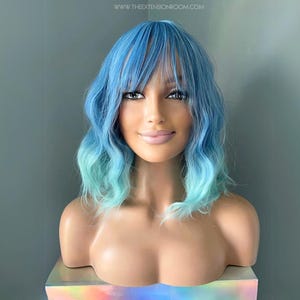 Short Blue Ombre Wig | 14 Inch Bob Wavy Cosplay Wig with Bangs | Isla