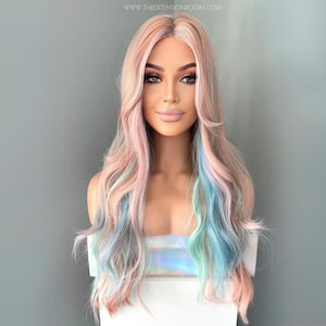Pastel Rainbow Wig | Long 28 Inch Wavy Glueless Costume Pink Middle Part Wig | Harmony