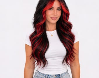 Black Wig with Red Highlights 22 Inch Wavy Wig Cosplay Costume | Maria
