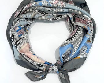 Vintage Boho Floral Paisley Square Scarves Blue Gray Satin Head Neck Scarf Neckerchief Bandana Hair Wraps Wrist Handbag Gift