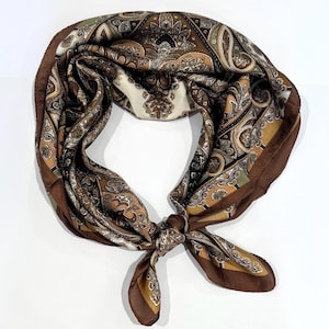 Vintage Boho Brown Paisley Square Scarves Satin Head Neck Scarf Neckerchief Bandana Hair Wraps Wrist Handbag Gift Mother’s Day Gift