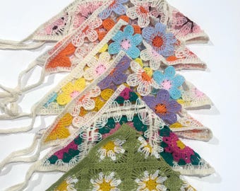 Floral Colorful crochet bandana, hair scarf, cottage core bandana, Cute hair accessory Gift, Spring Accessories Outfit