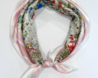 Floral Colorful Pink Square Scarves Satin Head Neck Scarf Wildflower Neckerchief Bandana Hair Wraps Wrist Handbag Gift Mother’s Day Gift