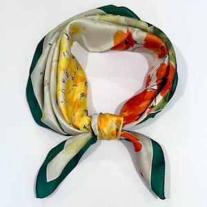 Vintage Inspired Wildflower Square Scarves Satin Head Scarf Gold Daisy Neckerchief Bandana Hair Wraps Wrist Handbag Gift Mother’s Day Gift