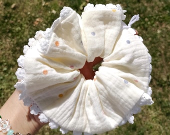 Cottagecore Lace Oversized Scrunchie, Soft Girl Hair accessories, Trendy Jumbo Scrunchie, Pastel Dot Hair Scrunchie, Bridemaid Scrunchie