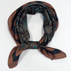 Vintage Hippie Boho Paisley Square Scarves Satin Head Neck Scarf Brown Neckerchief Bandana Hair Wraps Wrist Handbag Gift Mother’s Day Gift