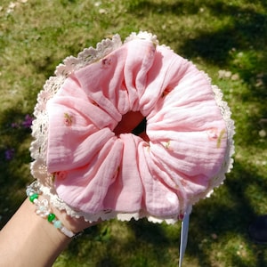 Cottagecore Lace Oversized Scrunchie, Soft Girl Hair accessories, Trendy Jumbo Scrunchie, Pink Floral Hair Scrunchie, Bridemaid Scrunchies