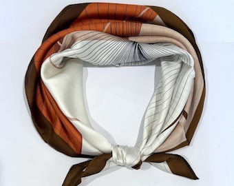 Abstract Line Art Square Scarf | Minimalist Brown & Cream Satin Scarf | Modern Graphic Design Head Scarf Nature Hair Wraps Women Gift