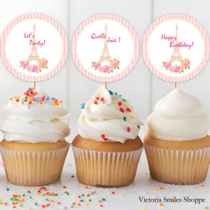 Editable Paris Birthday Party Cupcake Toppers 2.25&quot; x 2.25&quot;