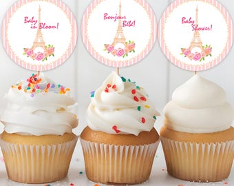 Bearbeitbar Paris Baby Shower Cupcake Toppers 5,7 x 5 cm