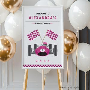 Editable Pink Race Car Birthday Party Welcome Sign