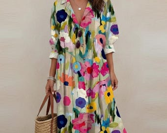 Womens Retro Geometry Circle Print Long Dress Single Breasted Lapel Shirt Dress Puff Sleeve A Line Boho