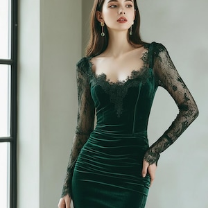long sleeve green velvet bodycon dress ZAPAKA Women Velvet Holiday Party Dress with Long Sleeves Dark Green Tight Cocktail Dress, Black / L main image 0