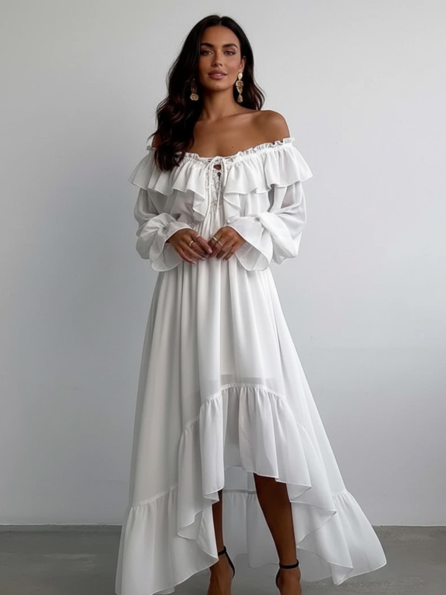 knee length dresses for ladies Cruise Shoulder Tie Maxi Dress White Selfie Leslie