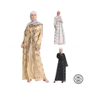 Fashion Sequin Kimono Cardigan Abaya, Luxury Dubai Muslim Kaftan Women’s Islamic Clothing, Turkish Eid Prayer Dress Long Robe