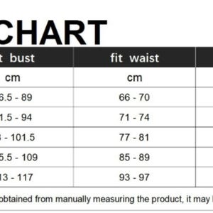 May include: A black and white size chart with measurements in centimeters. The chart includes sizes S, M, L, XL, and 2XL, with corresponding bust, waist, and back length measurements. The text at the bottom states that measurements may vary.
