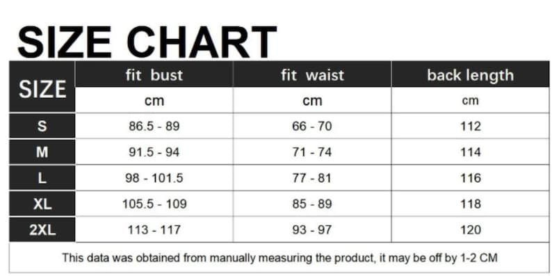 May include: A black and white size chart with measurements in centimeters. The chart includes sizes S, M, L, XL, and 2XL, with corresponding bust, waist, and back length measurements. The text at the bottom states that measurements may vary.