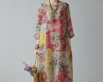 Women’s Vintage Oversized Maxi Dress | Loose Printed Cotton Linen Long Sleeve Boho Round Neck Dress