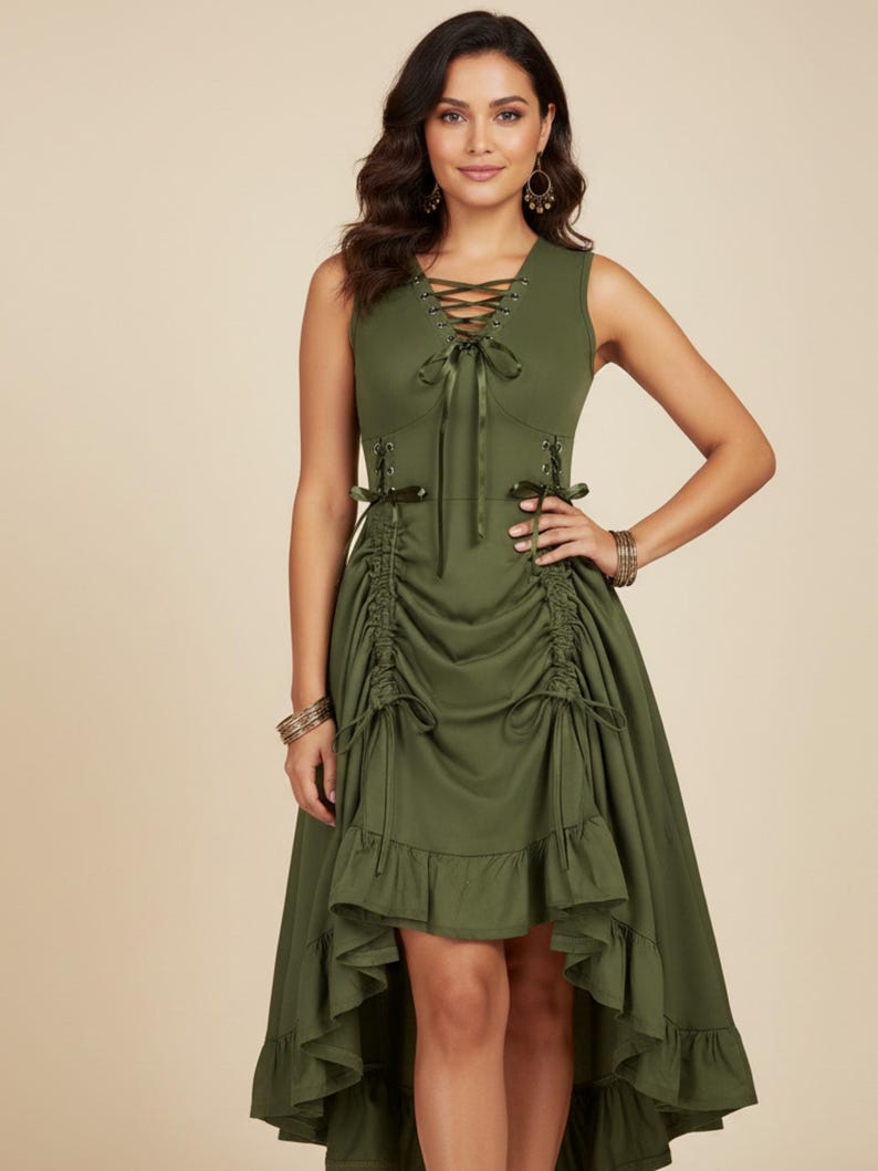 May include: Olive green sleeveless dress with a lace-up bodice and a high-low hemline. The dress features ruched detailing and ribbon ties. The model is wearing bracelets and earrings. The dress is a solid color and has a flowing skirt.