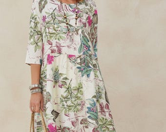 Floral Printed Bohemian Midi Dress, Loose Casual A Line Spring Dress, 3/4 Sleeve O Neck Retro Vacation Dress