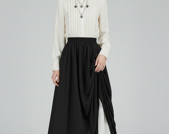 Casual Dual Layer Skirt, Renaissance Costume Women, Button Back Double Ruffle, Long Shirring Skirt, Waist Elastic Band
