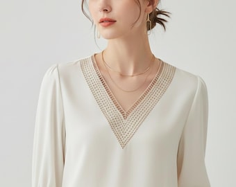 Stickerei Weiße Spitze Chiffon Bluse für Frauen | Halbes Ärmel V-Ausschnitt Loose Fit Office Shirt | Elegantes Herbst Top für Arbeit & Freizeit
