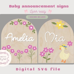 Annuncio del nome del bambino con motivo floreale in formato SVG, cartello con nome floreale per bambino in formato SVG, file tagliati al laser, file di taglio acrilico per laser, file con statistiche di nascita, cartello con nome anatra