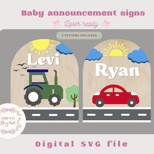 Aankondiging babynaam auto's svg, auto babynaambord SVG, lasergesneden bestanden, acryl gesneden bestand voor lasers, geboortestatistiekenbestand aanpassen, tractor