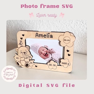 Marco de fotos de nacimiento de bebé SVG, archivos de corte láser de marco de fotos de bebé, métricas de niño, anuncio de bebé svg, regalo de nuevo bebé cortado con láser, descarga digital