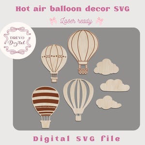 Heteluchtballonnen SVG lasergesneden bestand, luchtballon wolk svg, Boho kinderkamer Decor svg-bestand, houten ballonnen digitale download cricut, plotter