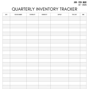 May include: A blank quarterly inventory tracker spreadsheet with columns for date, item/SKU number, starting quantity, reorder quantity, supplier, total cost, and done. The spreadsheet is titled "Quarterly Inventory Tracker" and the date range is "Jan - Feb - Mar Q1-2025".