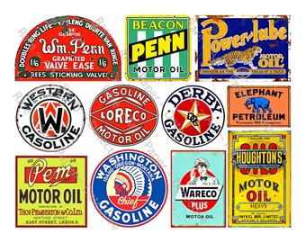 Oil Can Labels, Garage Clip Art Sticker Sheet, Tool Box Motor Oil Decals, Garage Signs, Gas & Car Service Station Rusty Metal Signs, 493a