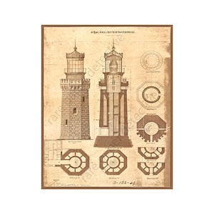 Antique Lighthouse Blueprint Print: Coastal Nautical Wall Art (8&quot; x 10&quot;)
