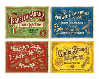 May include: Four rectangular vintage-style labels for Italian macaroni. The green label reads Isabella Brand, the blue Old World Pasta Works, the red Garibaldi Brand, and the yellow Giulia Brand. Each features ornate typography, wheat stalks, and pasta.