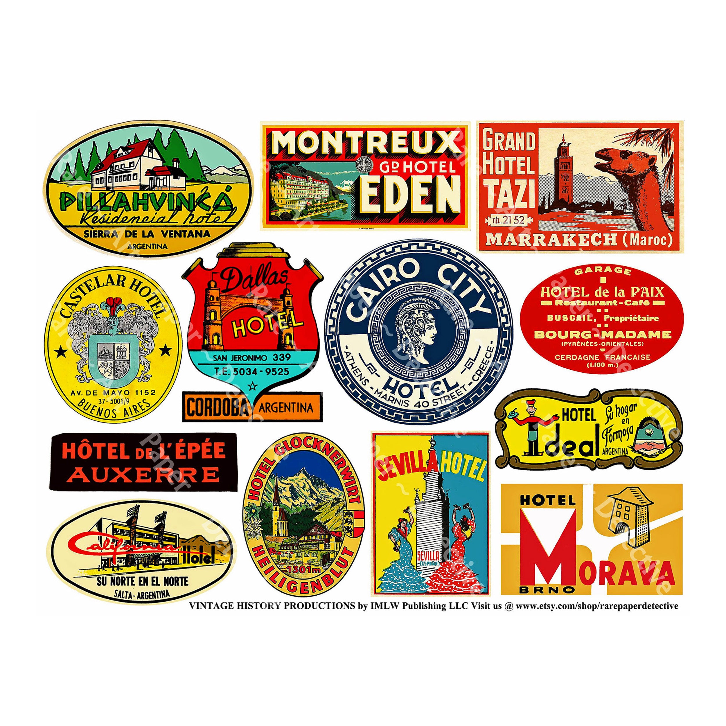 Hotel Luggage Labels Printed Sheet Baggage Labels Vintage Travel Ephemera Argentina Cairo Egypt Luggage Decal Travel Sticker 489