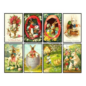Adesivi coniglietto pasquale, immagini di cartoline in stile antico dell'era vittoriana, 4" x 2,5" ciascuna, decorazioni pasquali autentiche molto antiche, foglio TAGLIATO E STACCABILE, 1076