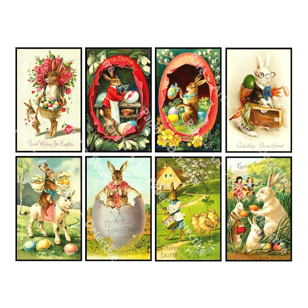 Easter Bunny Stickers, Victorian Era Antique Style Postcard Images, 4" x 2.5" each, Very Old Authentic Easter Décor, CUT & PEEL Sheet, 1076