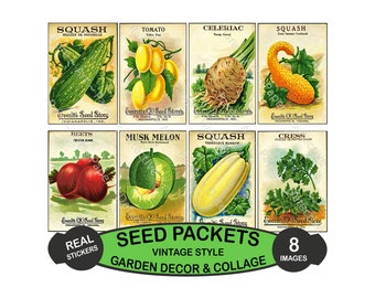 Seed Packet Sticker Sheet, Vintage Vegetable Seed Pack Illustrations for making Gardner's Gifts, Garden Decorations & Storing Seeds, 620C