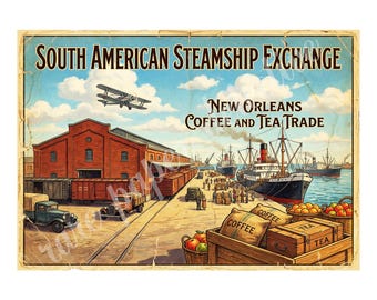 South American Steamship Exchange 1940s Style Coffee and Tea Label Art, Retro Advertising, 7" x 10" Matte Art Print , 26-a19