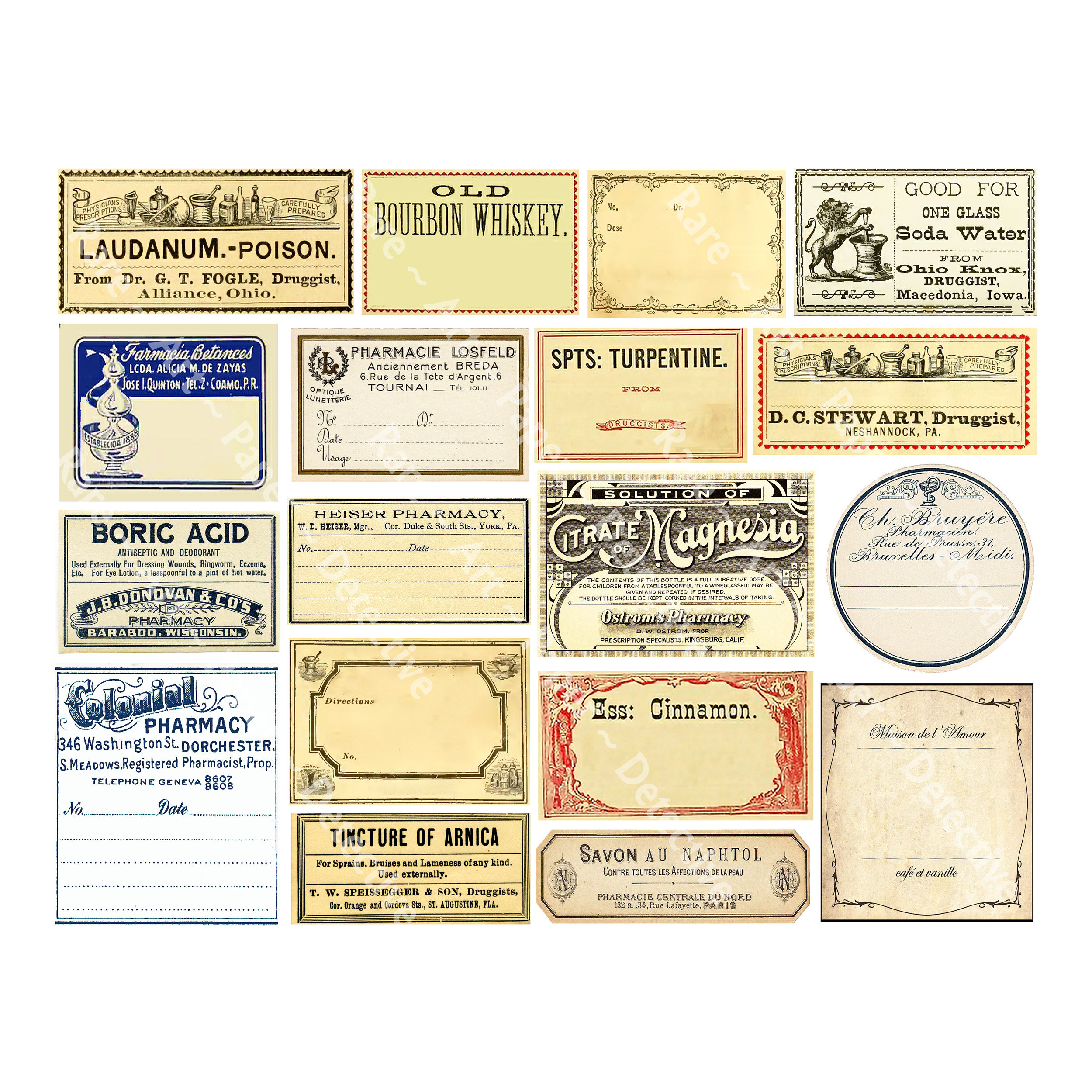 Druggist Labels, Sticker Sheet, Pharmacy Pill Bottle Labels, Antique Apothecary Labels, Victorian French Labels, Art Papers, Gift Tags, 448R