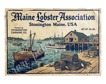 Maine Lobster Association, 1940s Style Fruit Crate Label Art, Retro Advertising, 7" x 10" Matte Art Print , 26-a32