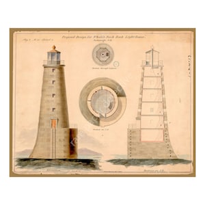 Lighthouse Print, 8&quot; x 10&quot; Wall Art, Antique Lighthouse Drawing, Coastal & Nautical Décor, Light Station Architectural Illustration, 21-78
